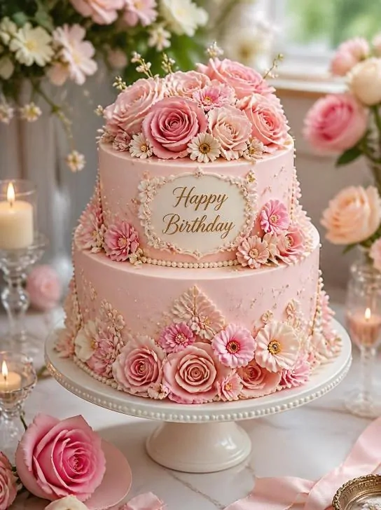 Elegant Pink Floral Birthday Cake image 211