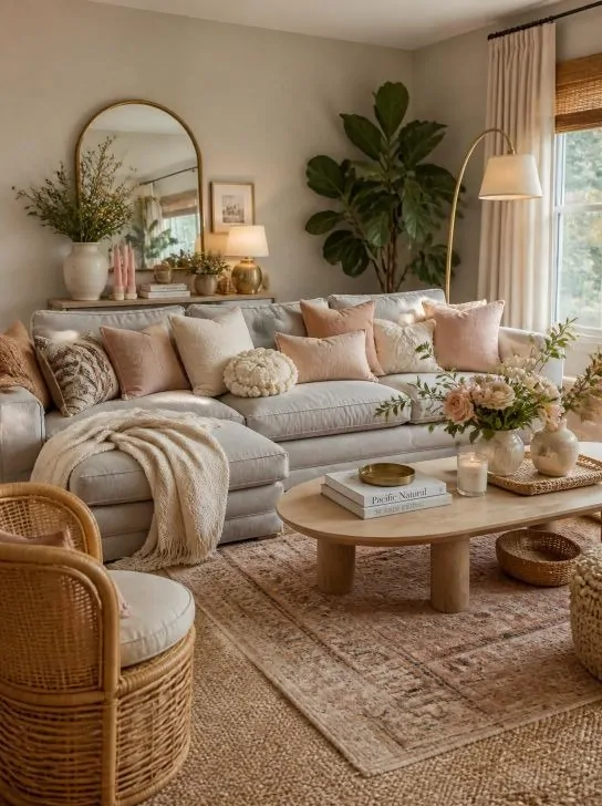 Soft Grey Sofa With Blush Pink Boho Accents image 292