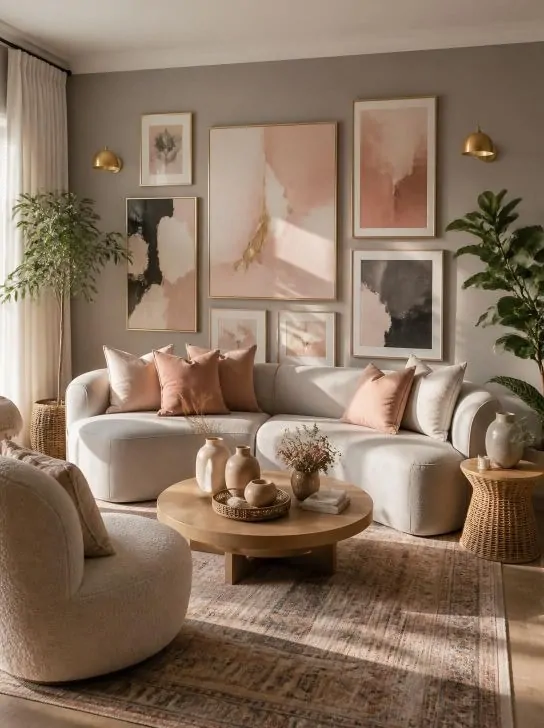 Grey Boho Living Room With Pink Gallery Wall image 293