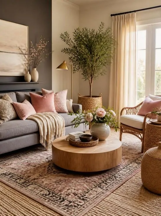 : Layered Rug Grey Boho Living Room image 294