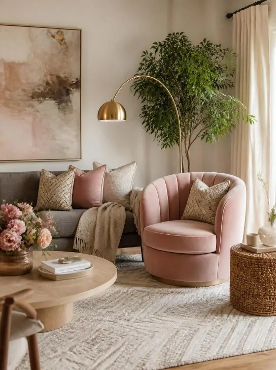 Grey Sofa and Pink Velvet Chair Boho Living Room Alt Text: boho living room grey sofa with pink velvet chair image 295