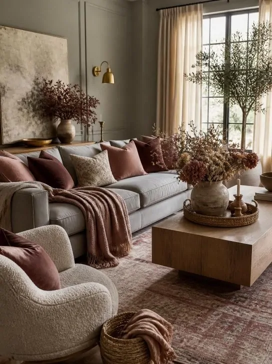 Warm Grey and Dusty Rose Boho Living Room image 298