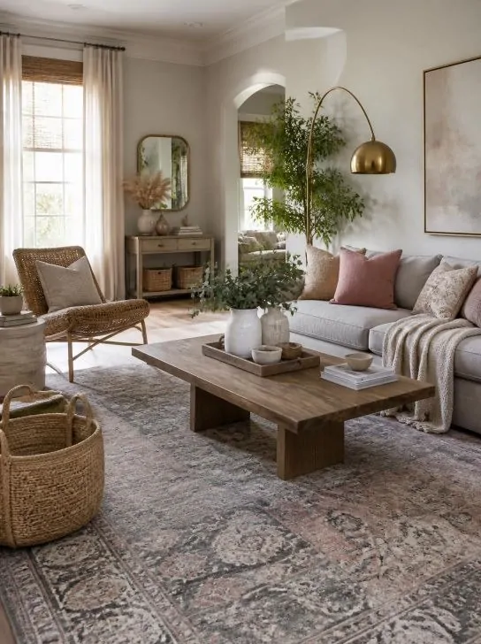 16+ Stunning Boho Living Room Grey Ideas for a Chic, Cozy & Dreamy Home 2 boho living room with woven basket and layeres grey carpet