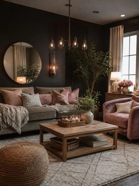 Moody Charcoal Grey and Soft Pink Boho Living Room moody grey and pink boho living room