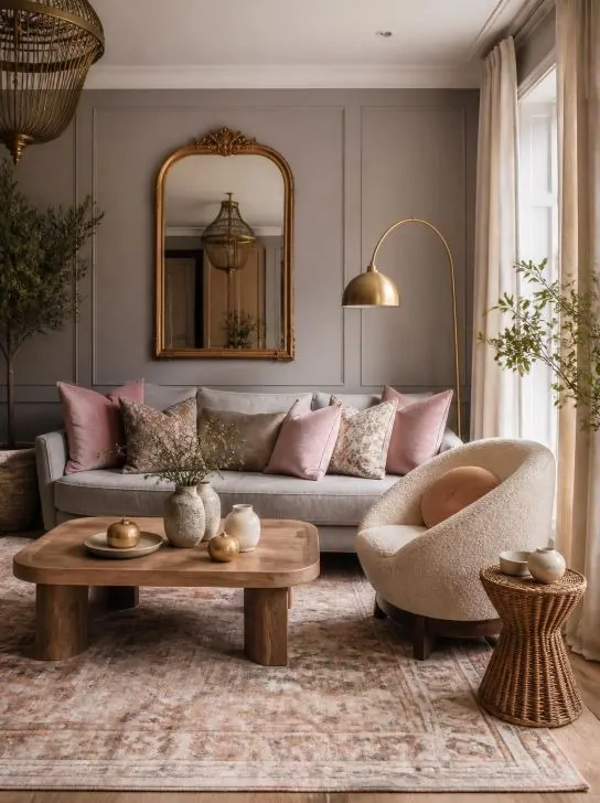 Luxurious Grey Pink and Gold Boho Living Room grey and pink boho living room with gold accents