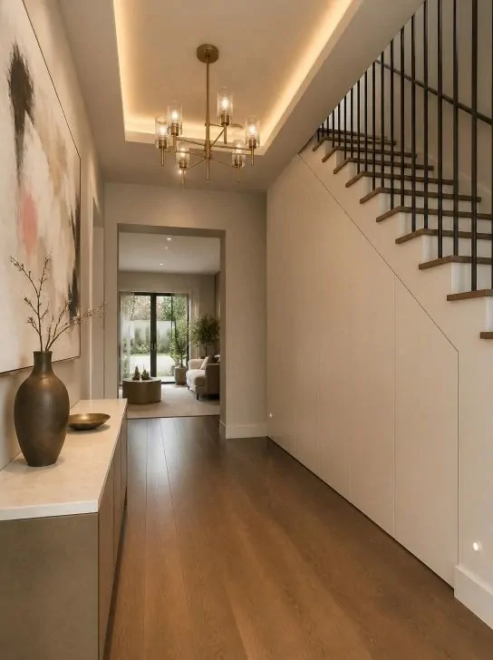 Hidden under staircase storage cabinet with seamless cream doors, concealed compartments, walnut flooring, and minimalist luxury hallway design.