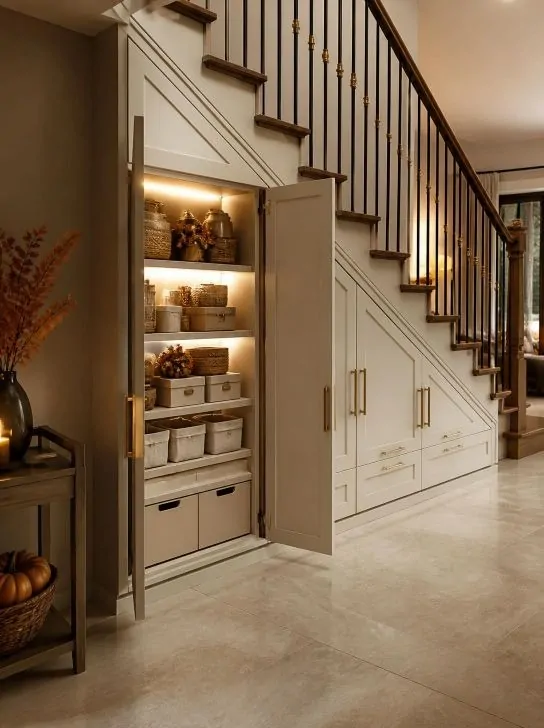 Luxury under stairs storage mudroom with built-in bench, coat hooks, shoe cabinets, woven baskets, and elegant entryway organization.