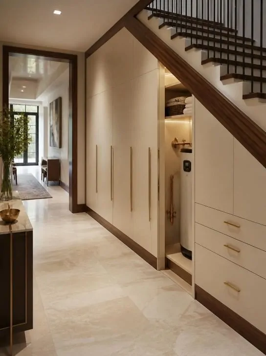 Modern under staircase storage design with concealed utility cabinets, seamless cream doors, hidden household storage, walnut accents, and warm architectural lighting.