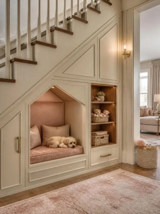 Luxury under stair pet hideaway with built-in pet bed, custom storage cabinets, woven baskets, pet accessories, and sophisticated neutral interior design.