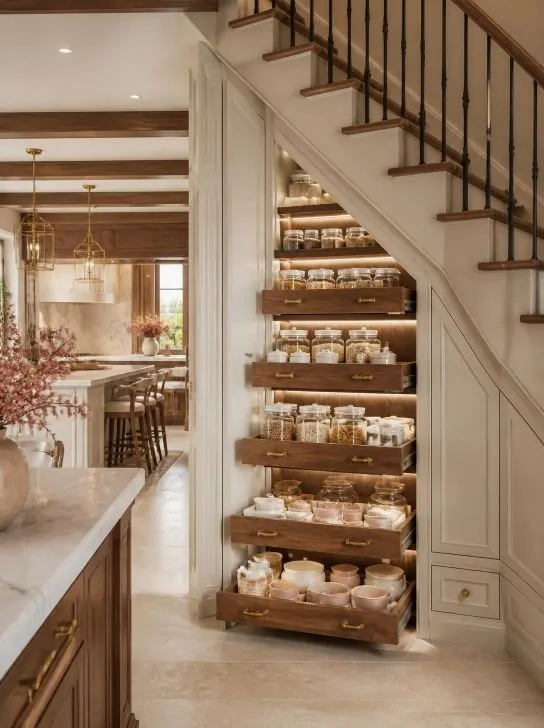 Luxury under stair pantry with custom cream cabinets, organized pull-out shelves, kitchen storage jars, walnut details, and elegant modern kitchen design.