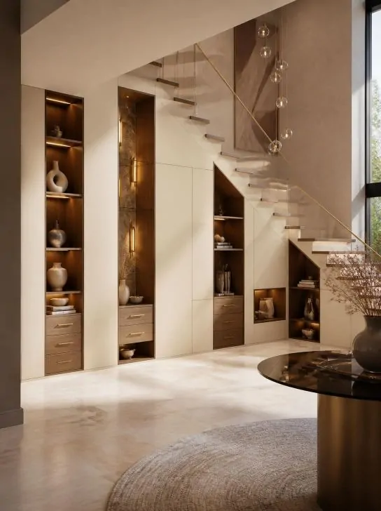 Hidden under staircase storage design featuring integrated drawers within walnut staircase steps, LED step lighting, custom cabinetry, and modern luxury architecture.