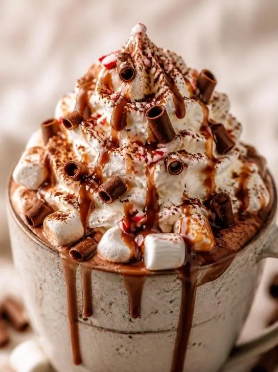 hot cocoa with marshmallows and chocolate toppings