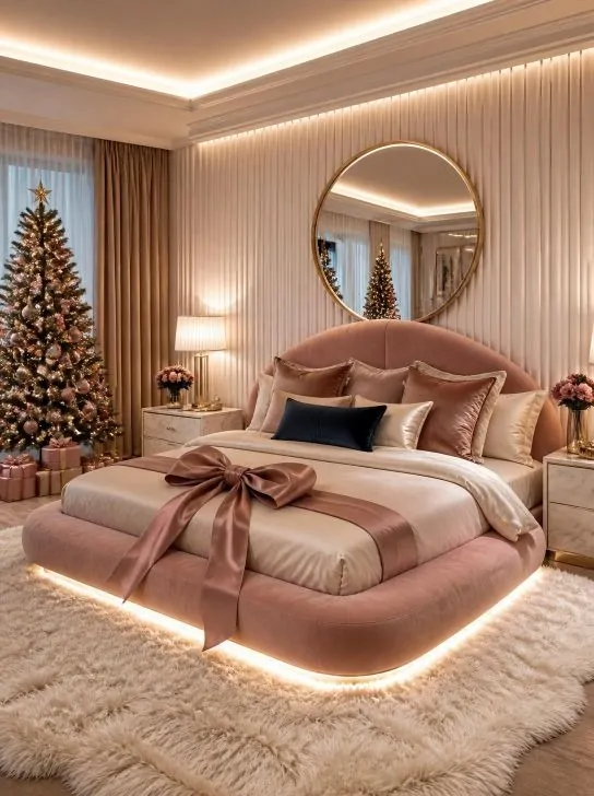 Blush pink Christmas bedroom bedding with dusty rose and navy accents