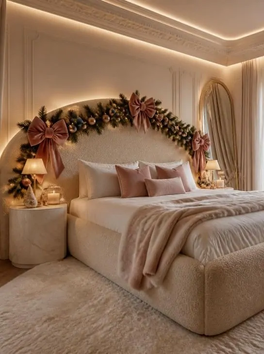 Christmas bedroom headboard decorated with greenery and velvet bows