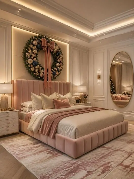 Christmas wreath above a luxurious feminine bedroo