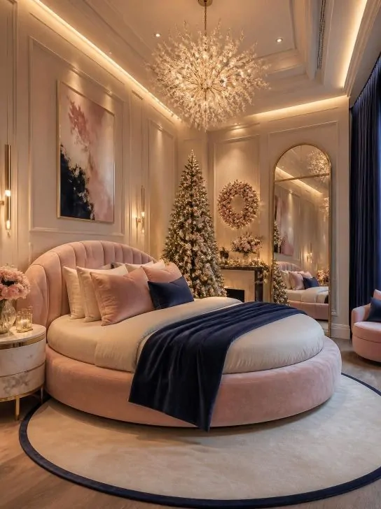Blush pink and navy Christmas bedroom with luxurious decor