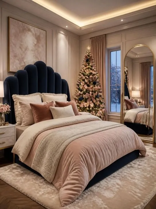 Mini Christmas tree in a luxurious blush pink Christmas bedroom