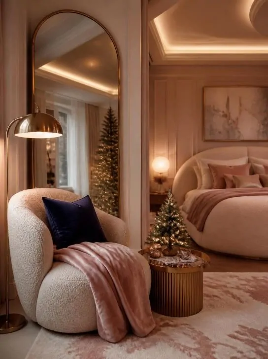 Cozy dusty rose and navy Christmas bedroom reading corner
