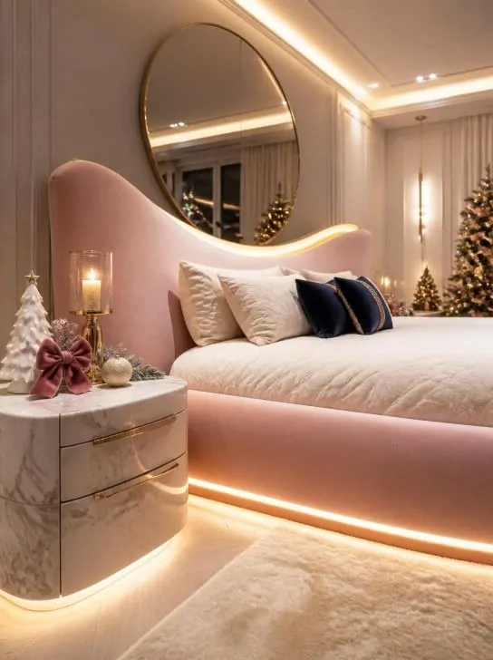 Christmas nightstand decor in a luxury feminine bedroom