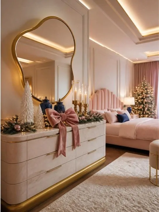 Pink and navy Christmas dresser decor in a luxury bedroom