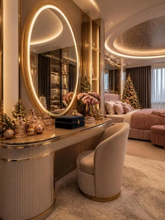 : Luxury Christmas bedroom vanity with warm LED mirror lighting