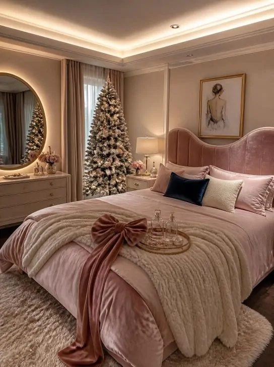 Blush pink dusty rose and navy Christmas bedroom