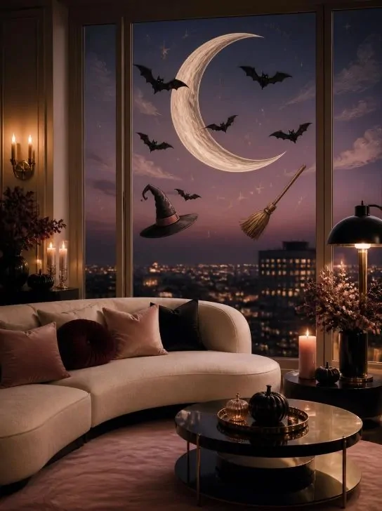  witchy moon and flying bats Halloween window art