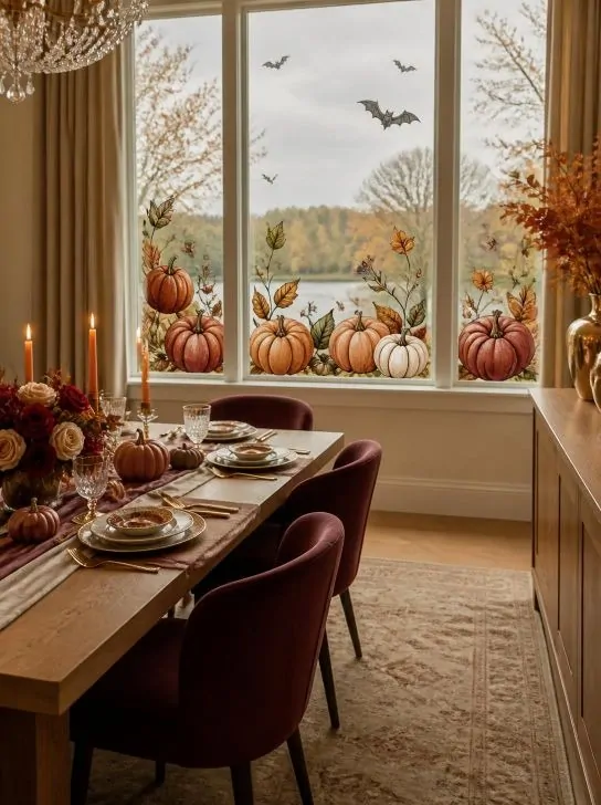  pumpkin patch fall window art with pumpkins and autumn leaves