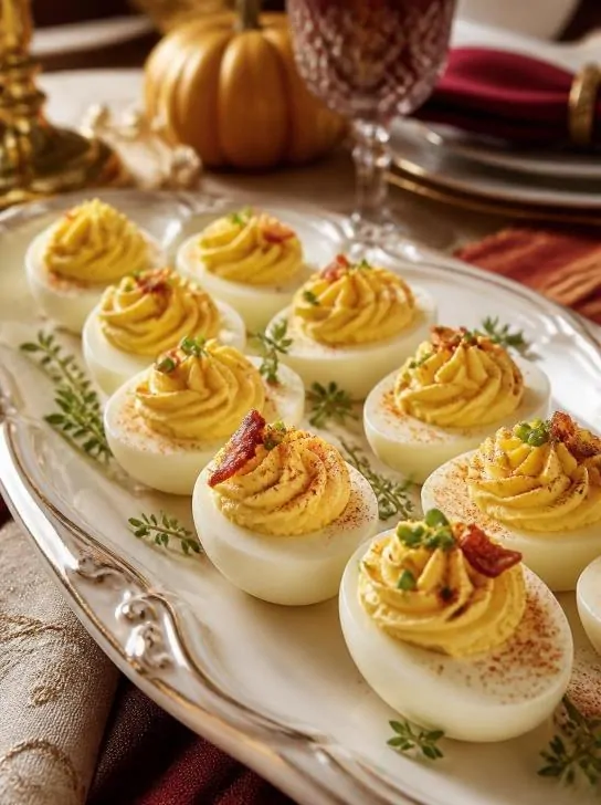 Thanksgiving deviled eggs appetizer with paprika and fresh herbs
