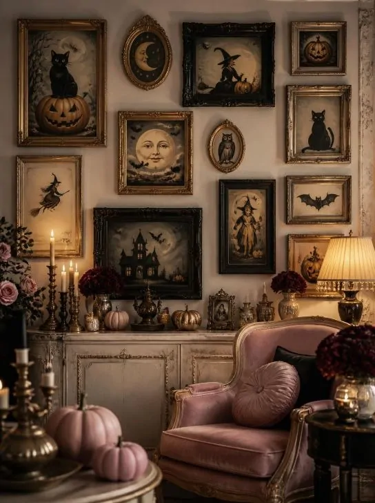 : Vintage Halloween art gallery wall with black cats, pumpkins and pink seasonal decor