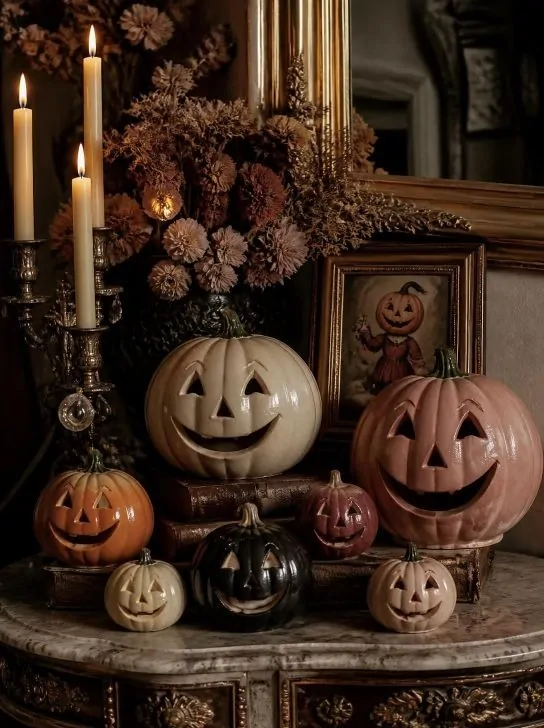  Retro Halloween pumpkin faces on blush pink and cream vintage pumpkins