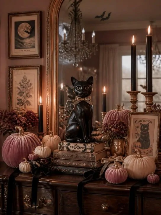: Vintage black cat Halloween display with blush pumpkins and antique gold accents