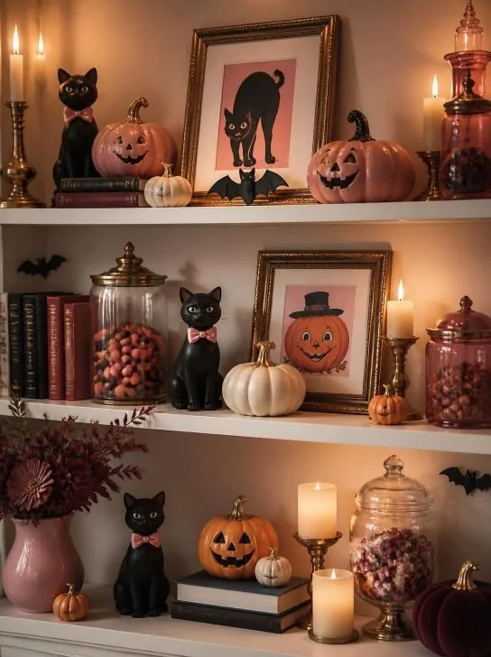  90s aesthetic Halloween shelf with retro pumpkin faces, black cats and pink vintage decorations