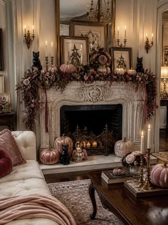 : Pink vintage Halloween mantel with blush pumpkins, antique gold candles and vintage Halloween art