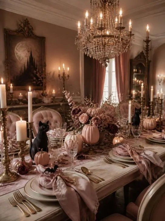  Romantic pink vintage Halloween table with blush pumpkins, antique gold accents and elegant dinnerware