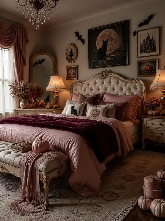: Vintage Halloween bedroom decor with blush pink bedding, pumpkins, black cat artwork and antique gold accents
