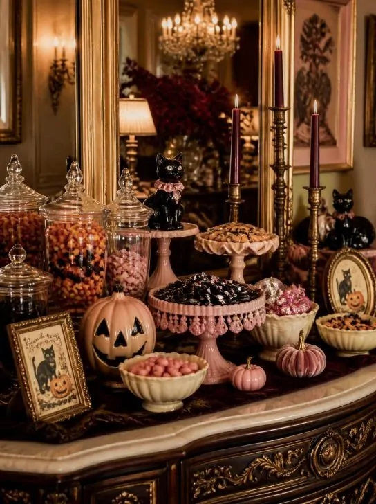 Vintage Halloween candy station with pink cake stands, retro pumpkin faces and black cat decorations