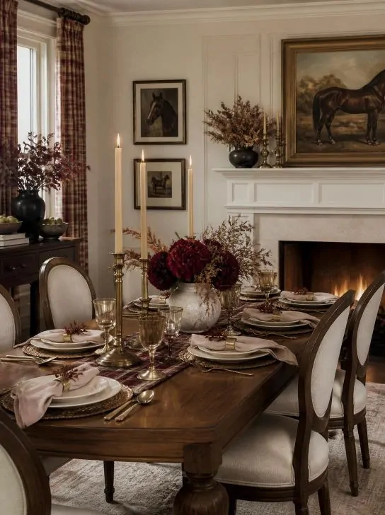 Ralph Lauren inspired Thanksgiving table with burgundy, cream, dusty blush pink, warm gold, and natural wood accents.