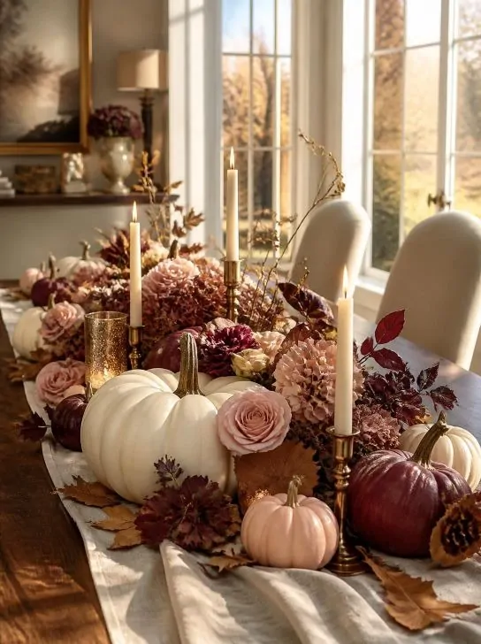 Cream and blush pink pumpkins with burgundy flowers and warm gold accents arranged as a Thanksgiving table centerpiece.