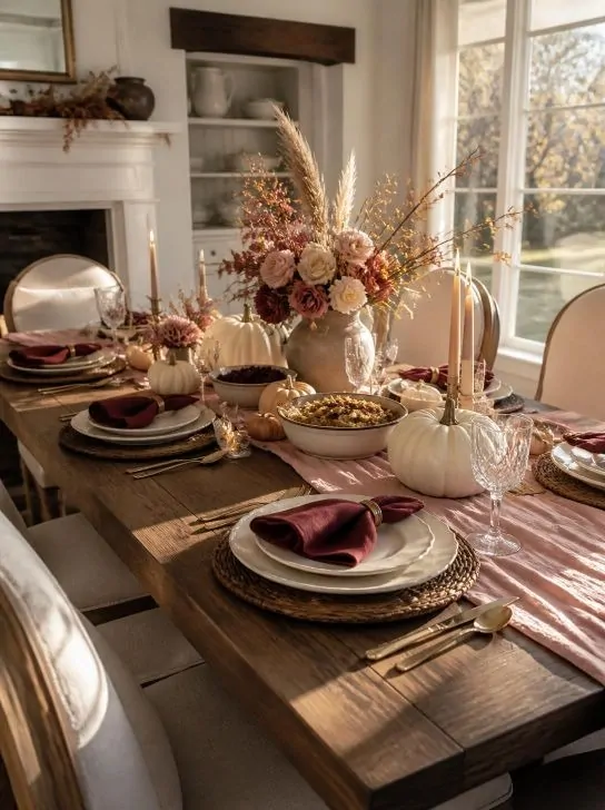 Elegant farmhouse Thanksgiving table with natural wood, dusty blush pink linens, burgundy napkins, cream dishes, and warm gold accents.