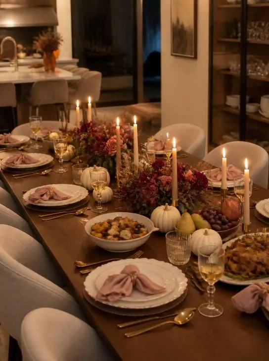 Elegant Friendsgiving table with dusty blush pink napkins, burgundy flowers, cream dinnerware, warm gold accents, and natural wood.