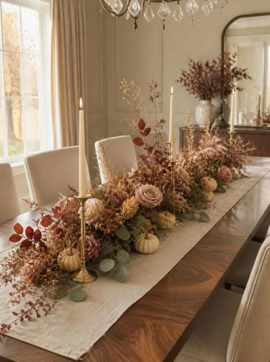 Natural fall foliage Thanksgiving centerpiece with dusty blush flowers, burgundy leaves, cream pumpkins, warm gold candles, and natural wood.