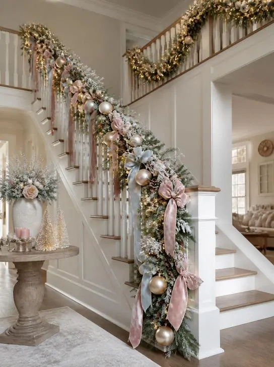 9 Stunning Christmas Staircase Decor Ideas: Festive Garland, Banister, Railing & Wall Decorations 1 christmas staircase garland ribbon decor.webp