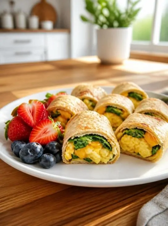 Healthy cheesy spinach breakfast roll-ups for kids