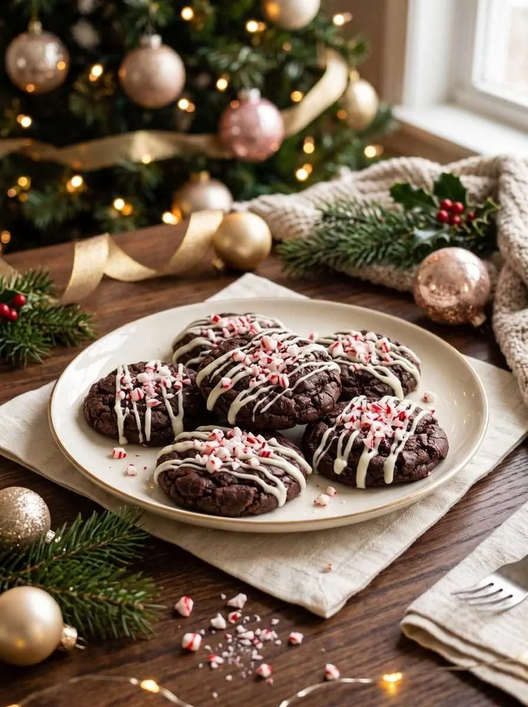 Chocolate peppermint Christmas cookies with white chocolate and candy cane