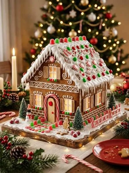 Classic Gingerbread House Ideas Classic Christmas gingerbread house with royal icing and candy decorations