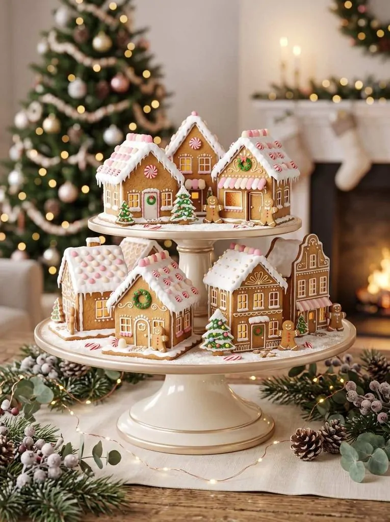 Mini Gingerbread House Ideas Mini gingerbread houses with snowy icing and Christmas decorations