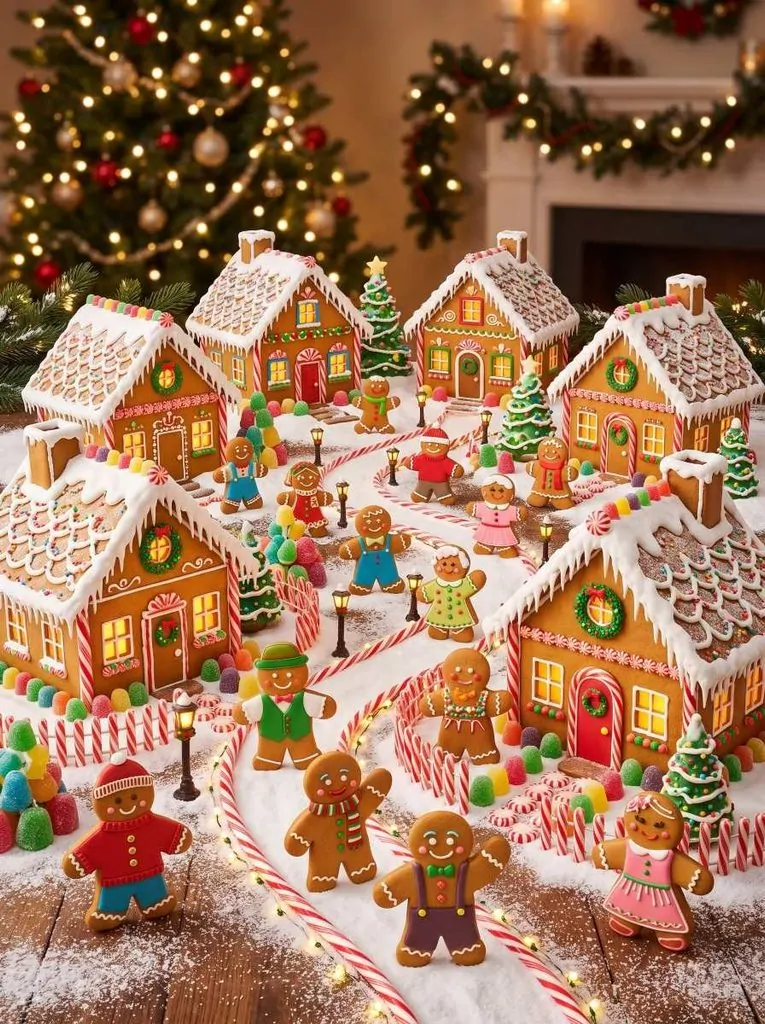 Gingerbread Man Christmas Neighborhood Gingerbread men beside decorated Christmas gingerbread houses