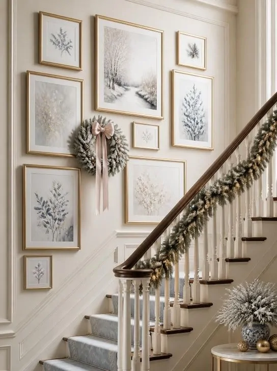 Luxury staircase wall decorated with gold-framed Christmas artwork, a festive wreath, and coordinated garland. image 222