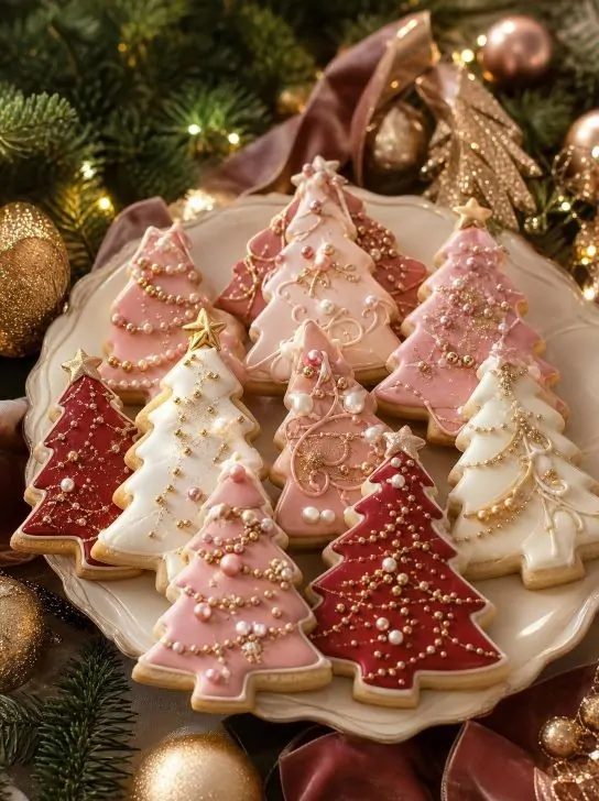 Christmas tree cookies decorated with festive icing